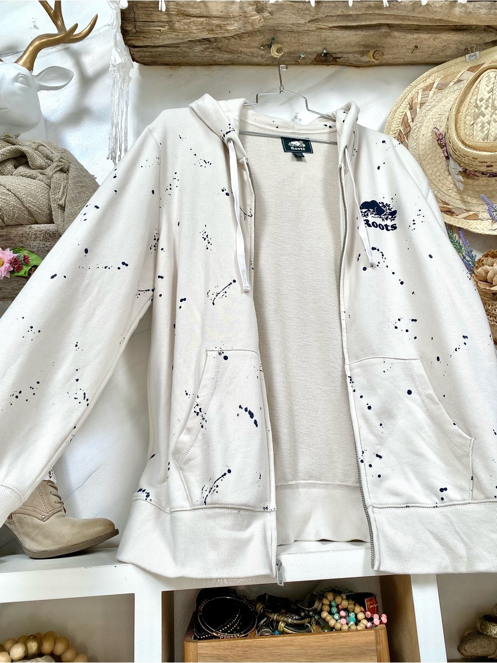 ROOTS Artisan paint splatter full zip kanga hoody cottagecore cabin vacay vibe - Picture 15 of 16